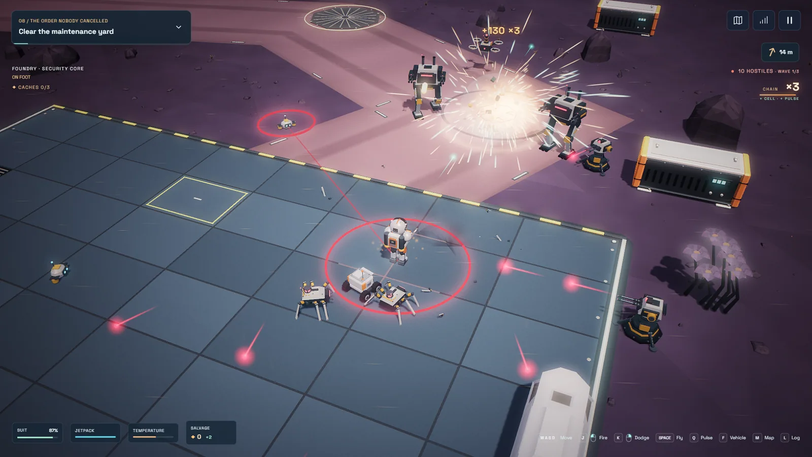 The technician fighting spider-legged crawlers, a drone, a turret and two bipedal walkers on a foundry landing pad, with red targeting lasers crossing the floor