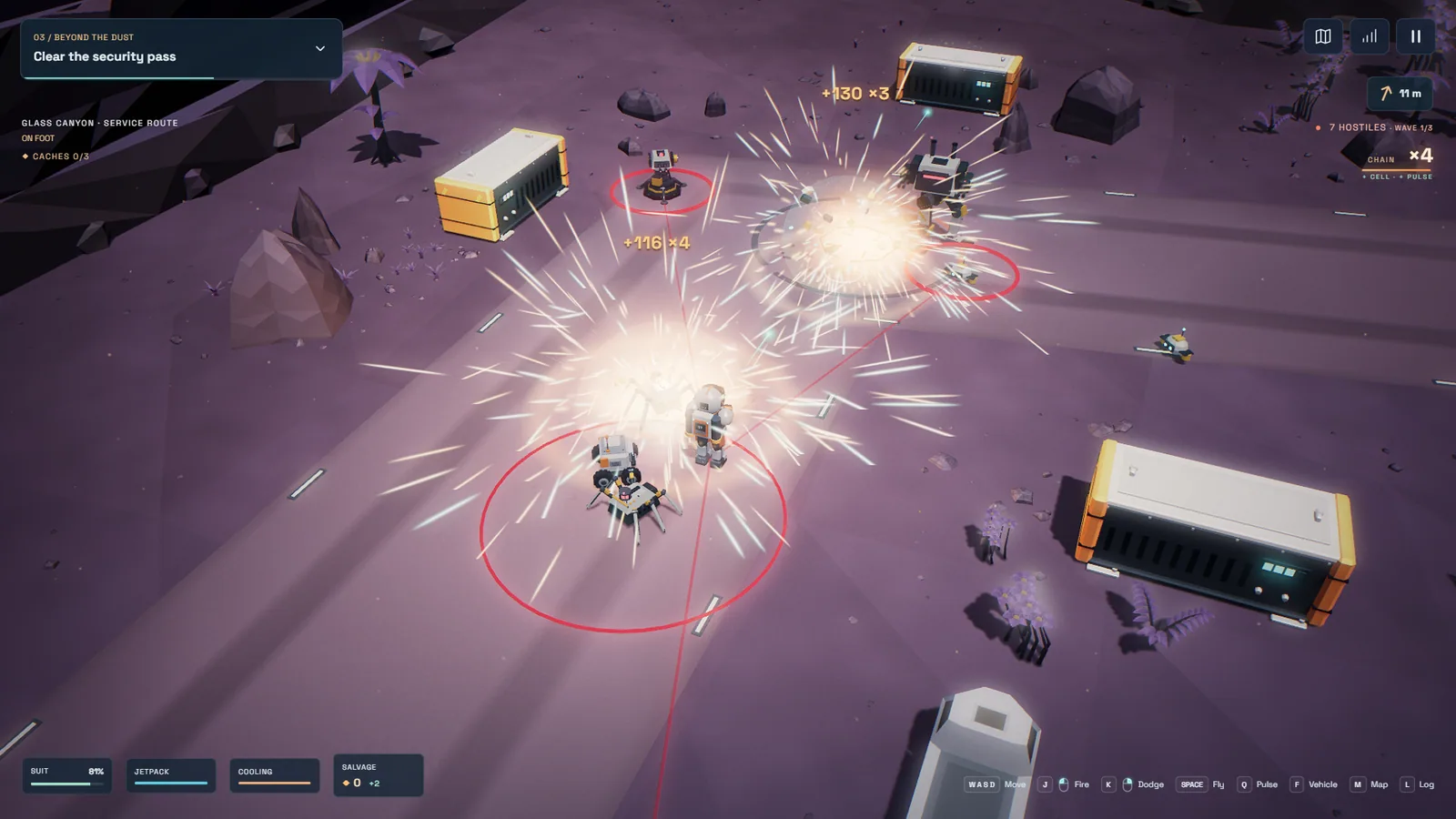 Top-down firefight on a violet canyon service route, with the technician's pulse blast hitting a crawler and drones while a ×4 chain counter climbs