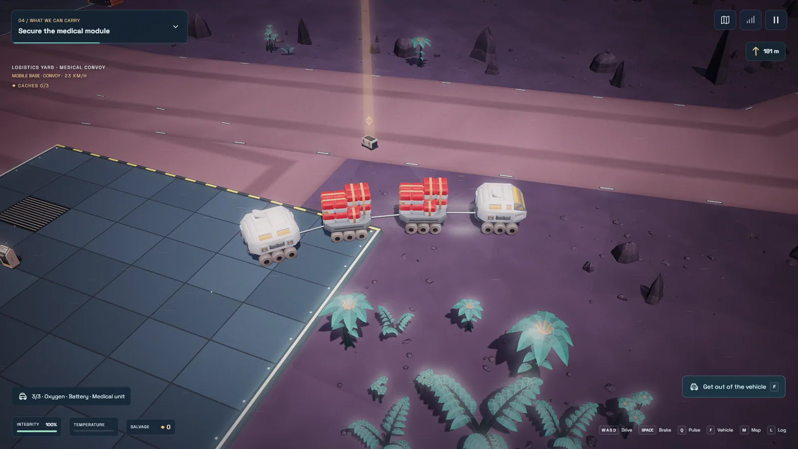 Articulated mobile base of four linked modules carrying red supply crates off a landing pad, with the oxygen, battery and medical unit cargo all loaded