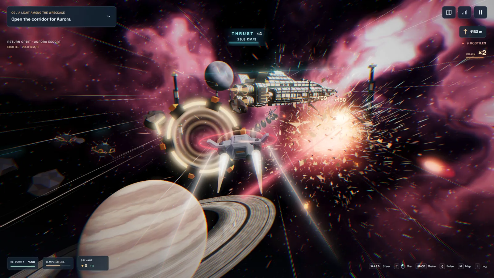 Shuttle flying through a glowing boost ring towards a large transport ship, past a ringed planet, asteroids and an explosion against a pink nebula