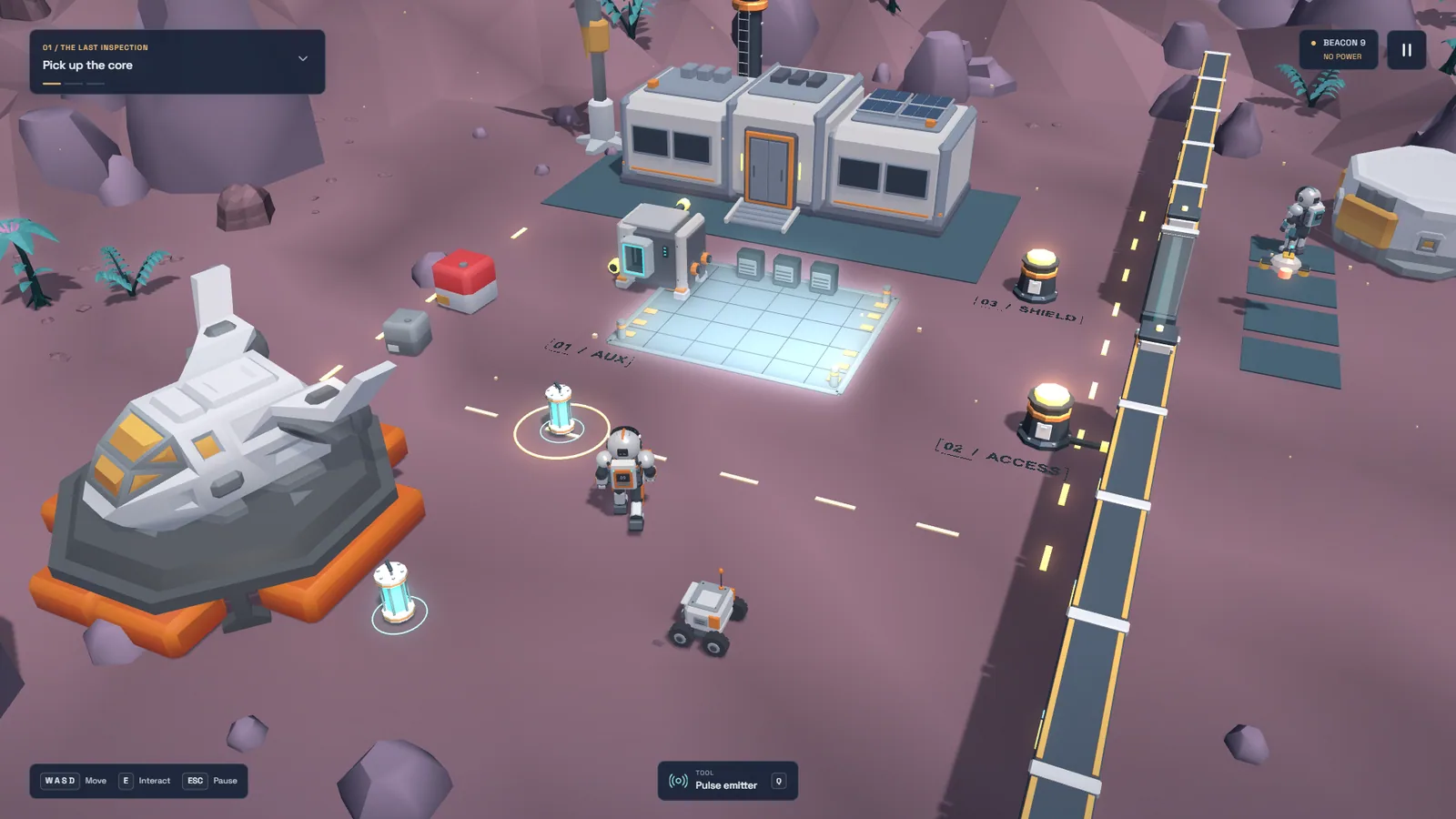 The technician walking through a powerless outpost beside a landed shuttle, a rover and three numbered sockets for the auxiliary, access and shield systems