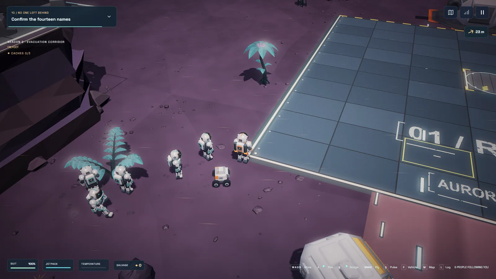 A group of survivors in white suits gathered with the technician and the rover beside an evacuation landing pad