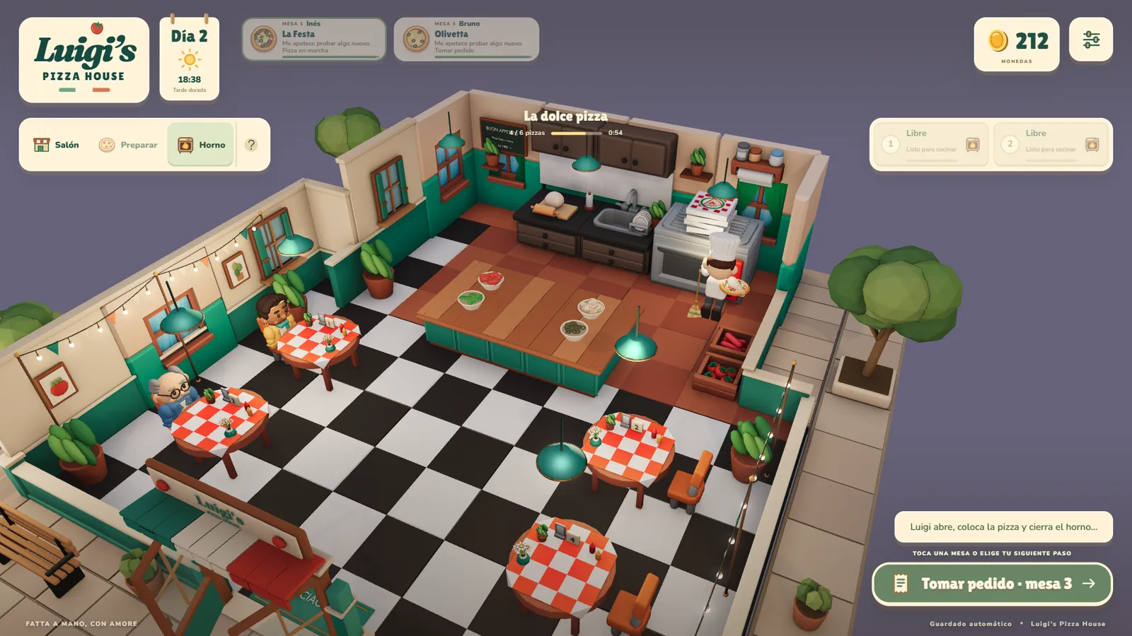 Isometric view of Luigi's dining room with checkered floor, four tables, the kitchen counter and the day's order panel