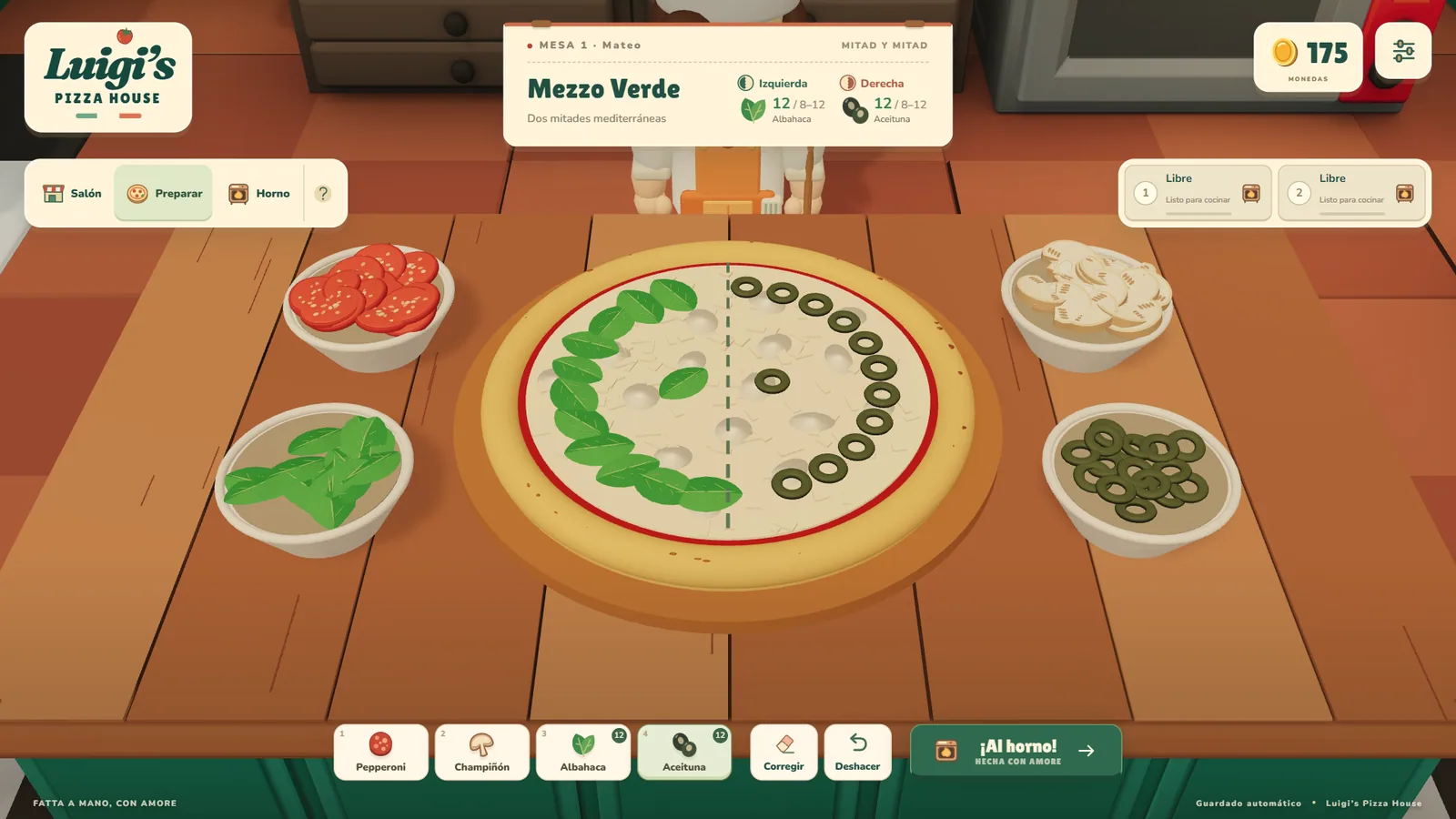 Prep table building the Mezzo Verde half-and-half special, with basil on one half and olives on the other
