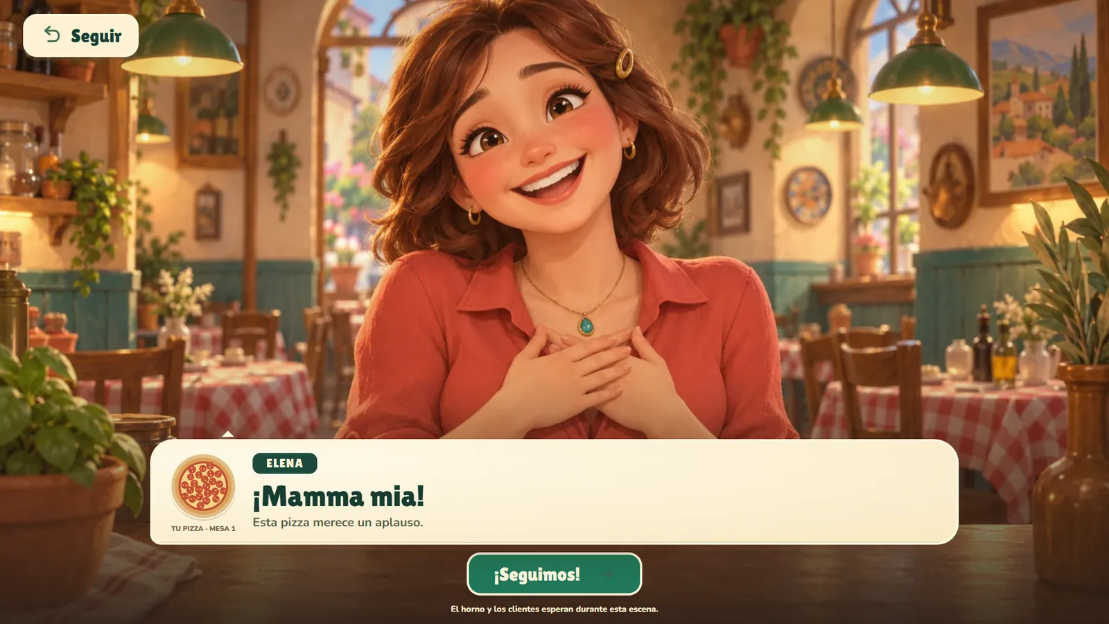 Illustrated scene of Elena smiling with delight after receiving her pizza