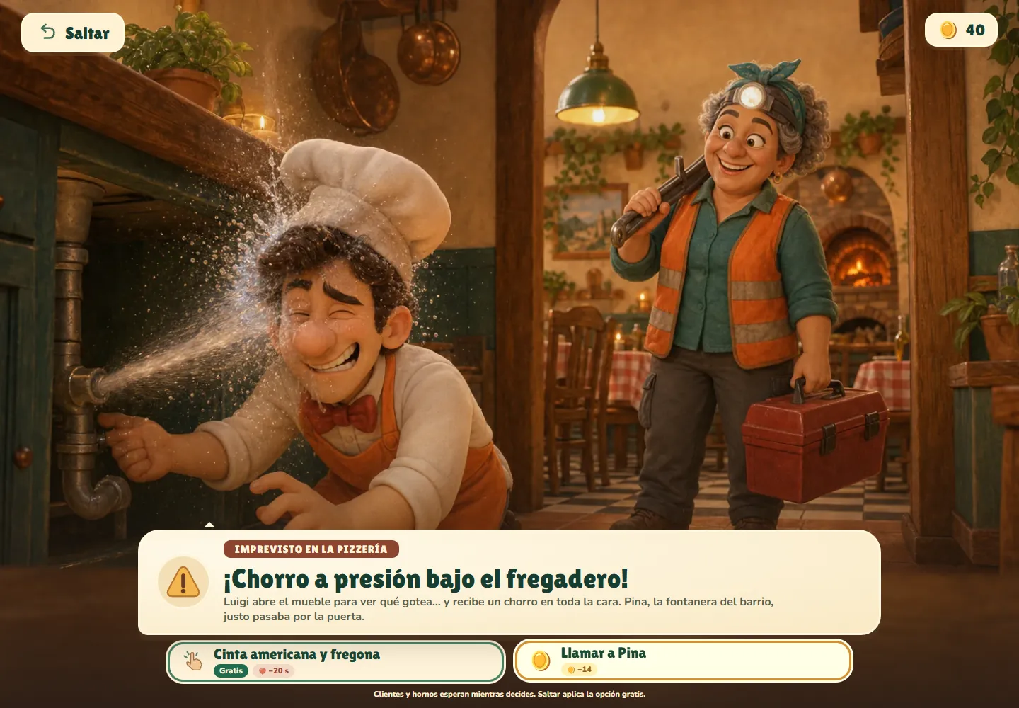 Illustrated mishap: a burst pipe sprays Luigi under the sink while Pina the plumber arrives, with two options to choose from
