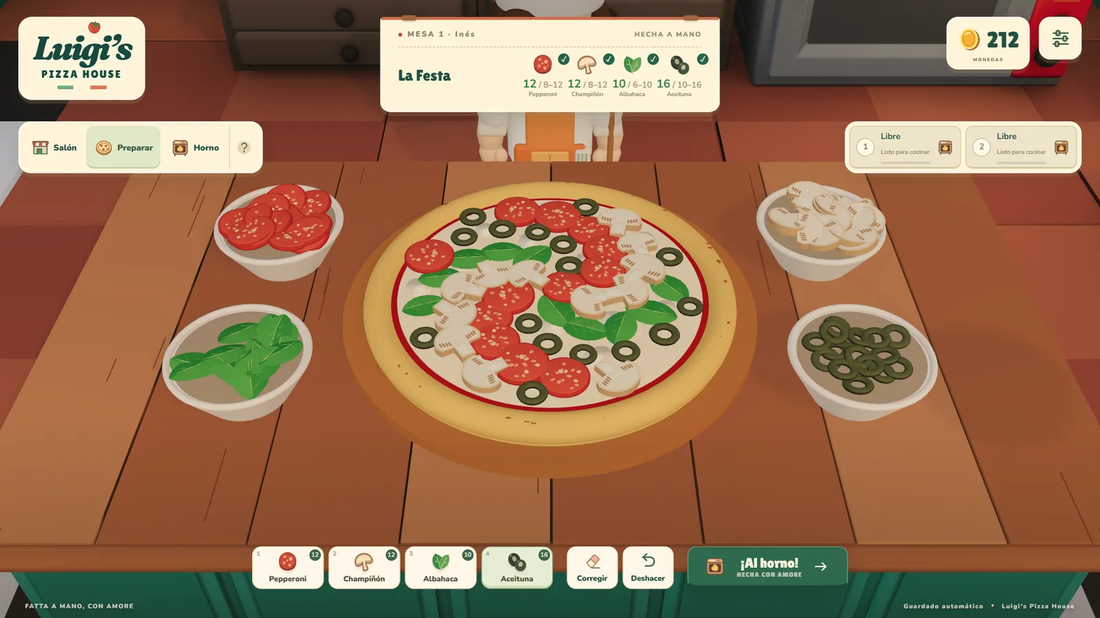 Preparation table with ingredient bowls around the dough while building a La Festa pizza piece by piece