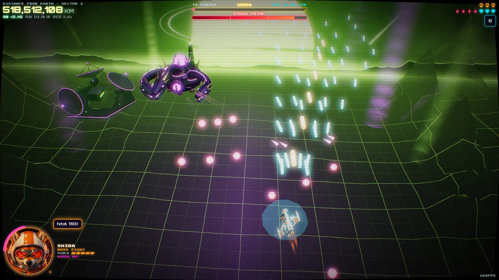 Hydra Prime, a purple spiked boss, firing pink orbs at the shielded starfighter across a toxic green nebula sector with satellite dishes