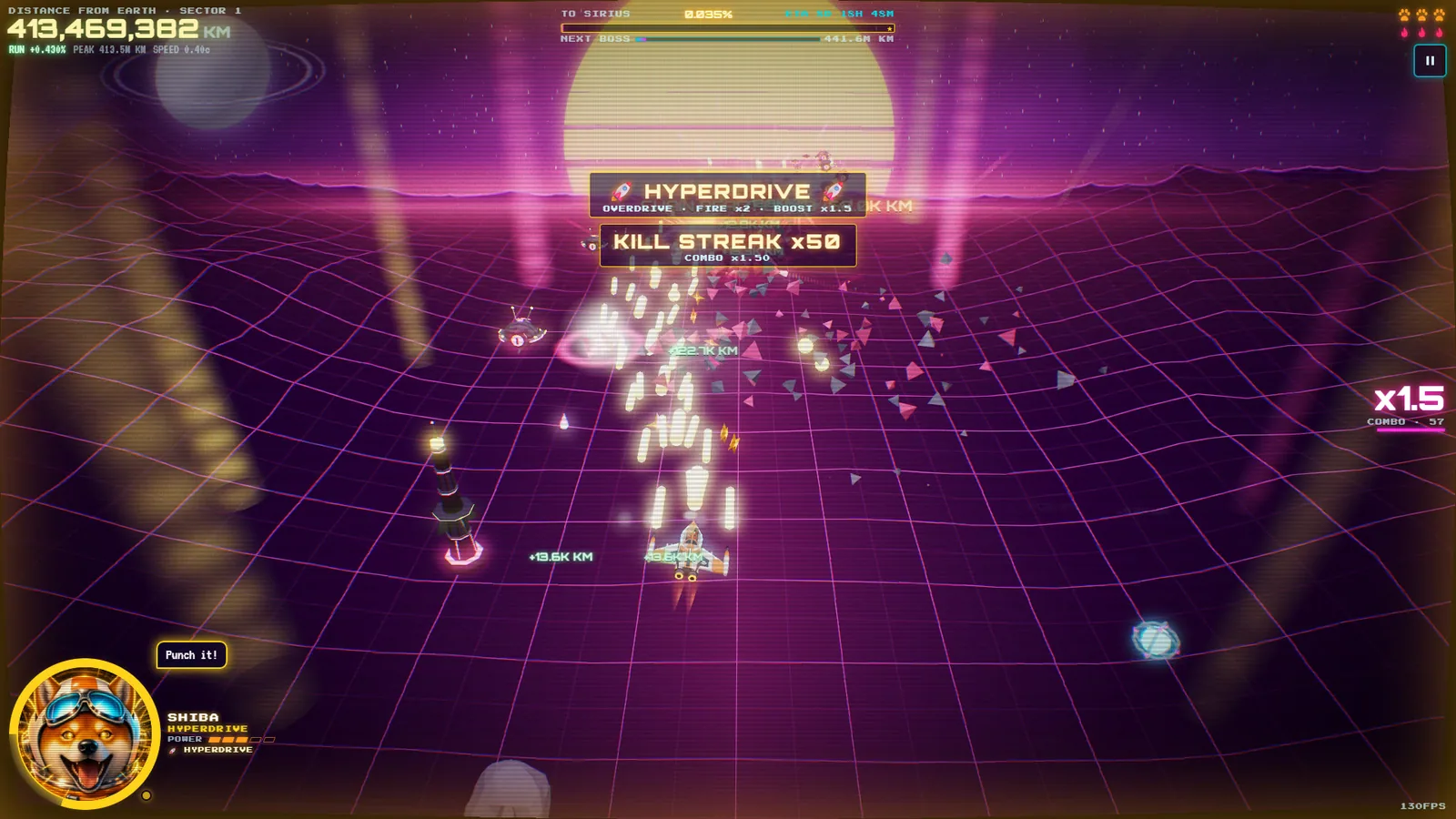 Starfighter firing a stream of golden lasers with HYPERDRIVE and KILL STREAK x50 banners, the distance odometer at the top and Shiba's comms portrait shouting Punch it!