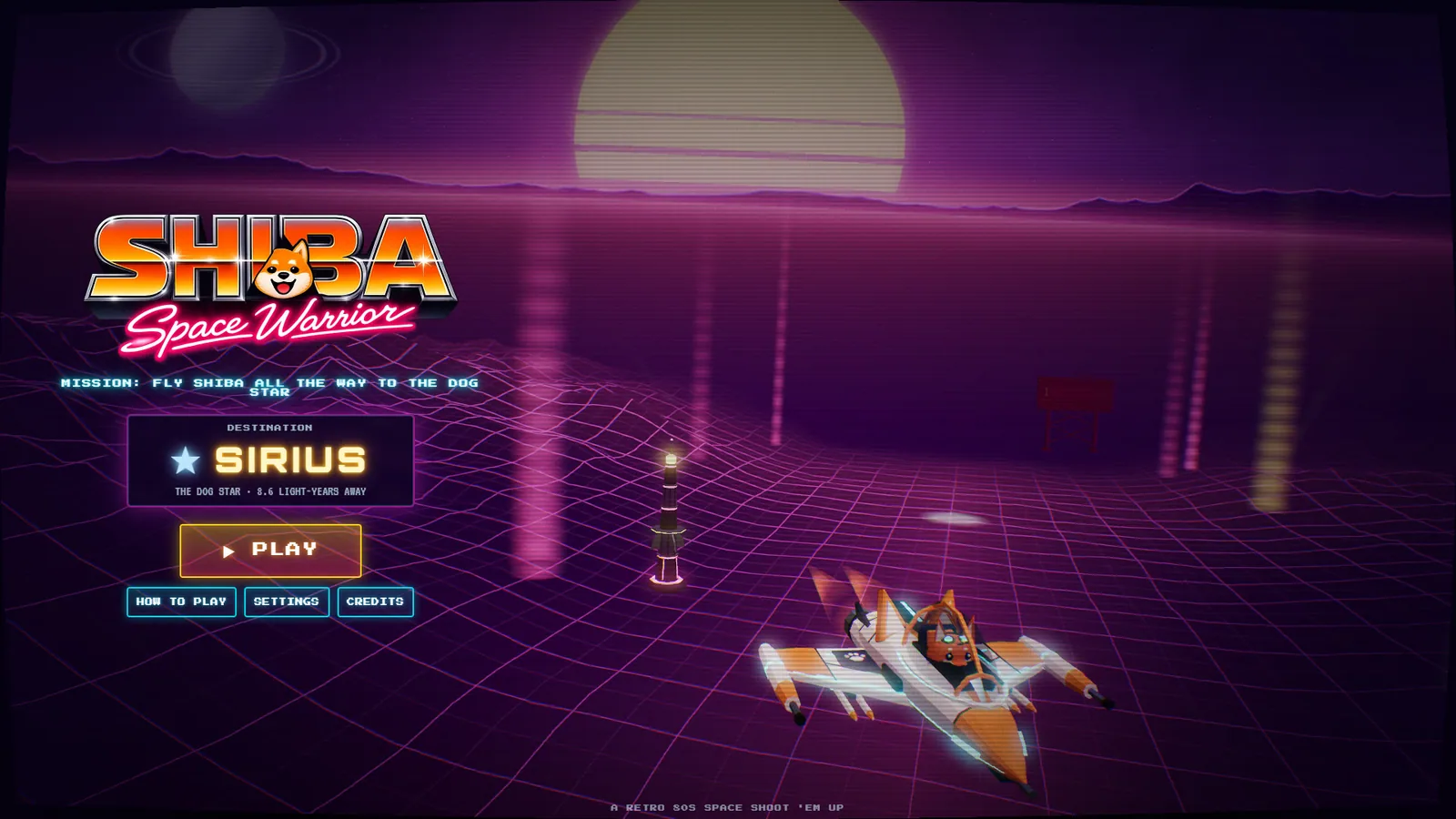 Title screen with the SHIBA: Space Warrior logo, the destination Sirius 8.6 light-years away and Shiba's starfighter over a neon wireframe sea at sunset