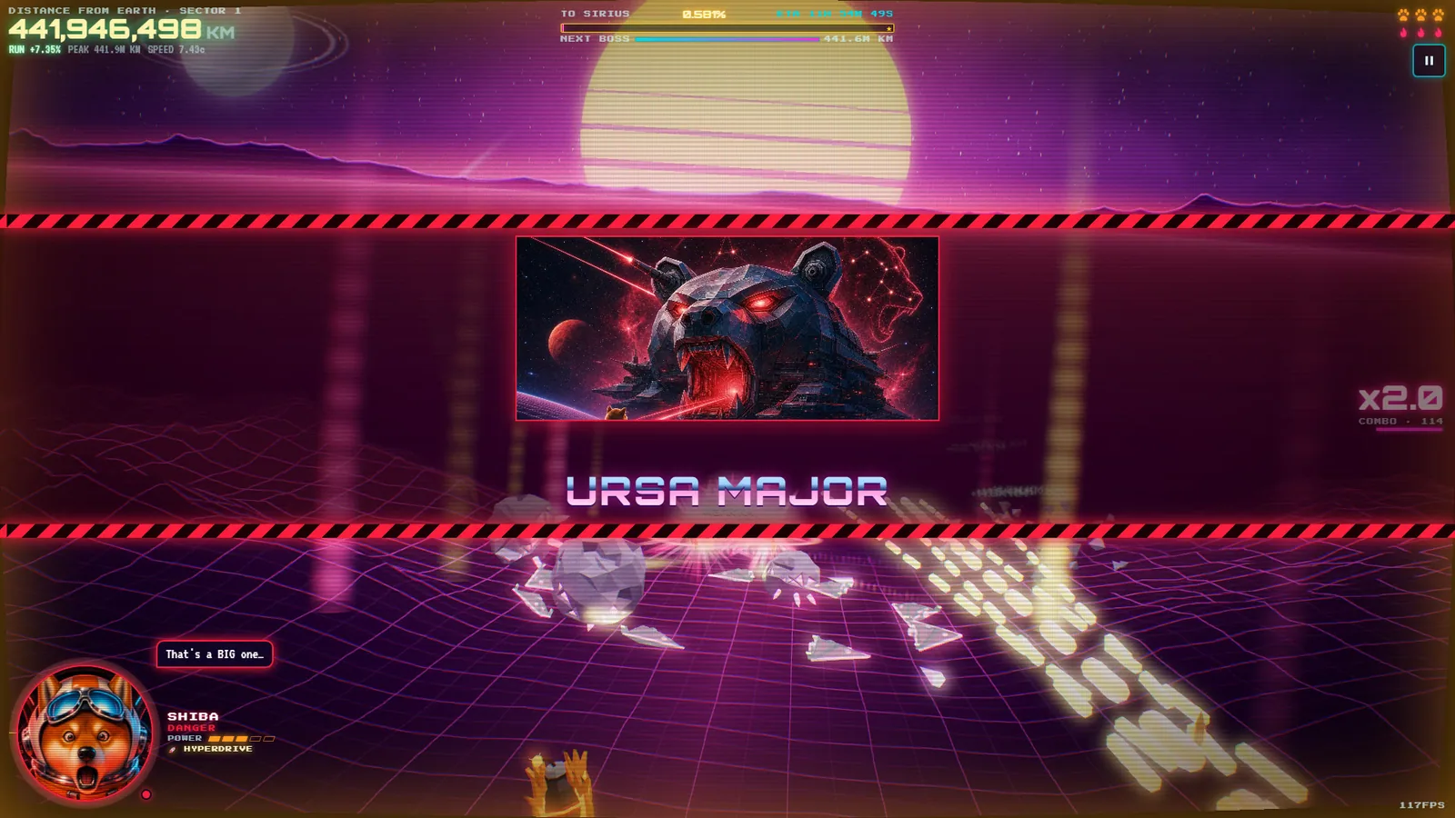 Boss warning with hazard stripes introducing Ursa Major, a mechanical bear with glowing red eyes, while a worried Shiba says That's a BIG one