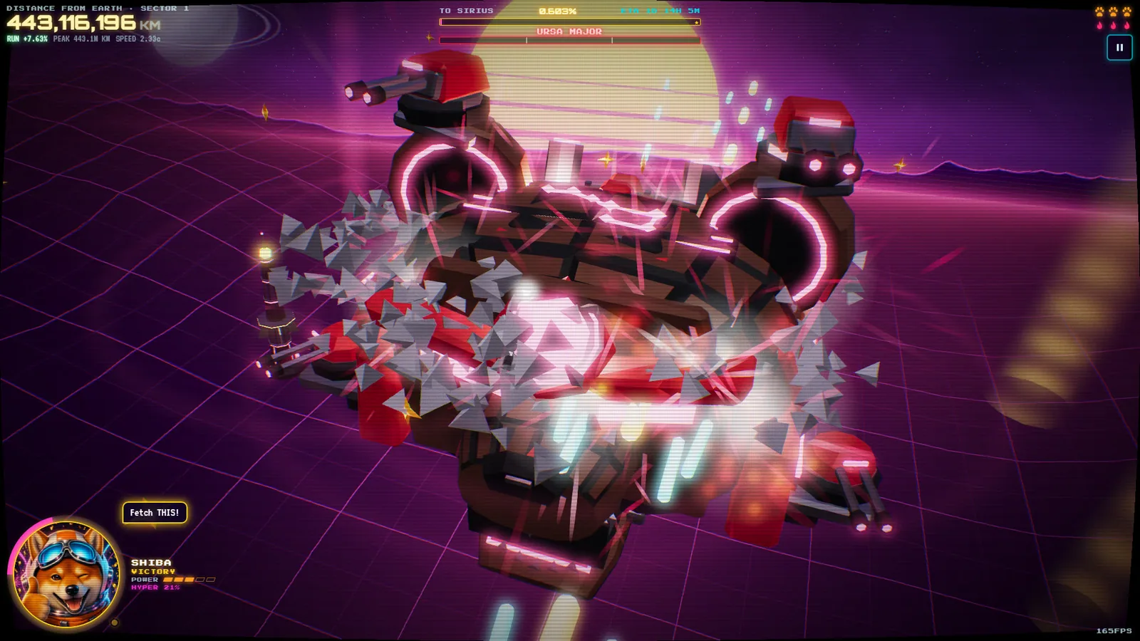 The low-poly Ursa Major warship breaking apart into grey shards and red debris under a synthwave sunset