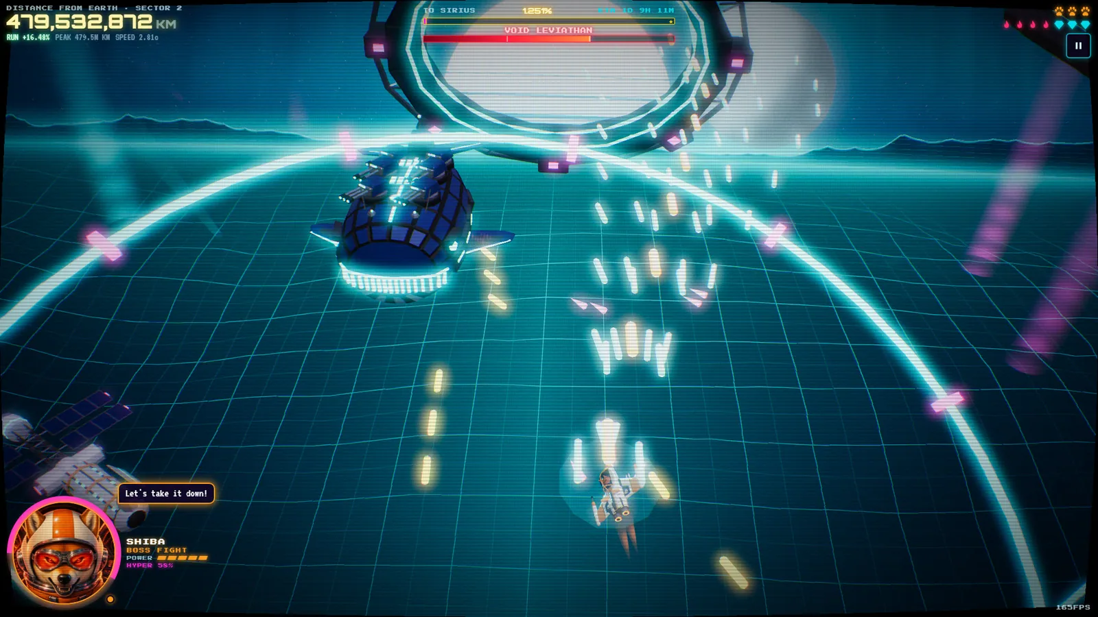 Void Leviathan boss fight in a teal cyber ocean sector, with the ship dodging volleys under a huge ring and Shiba in pilot goggles saying Let's take it down!