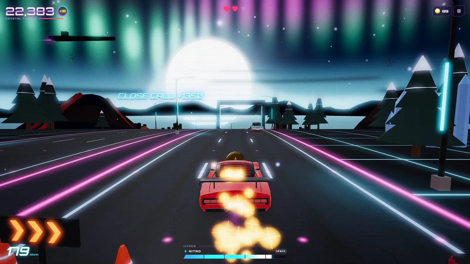 Red supercar trailing flames through Crystal Tundra under a green and purple aurora, with a CLOSE CALL +1350 bonus and a x10 combo on the HUD