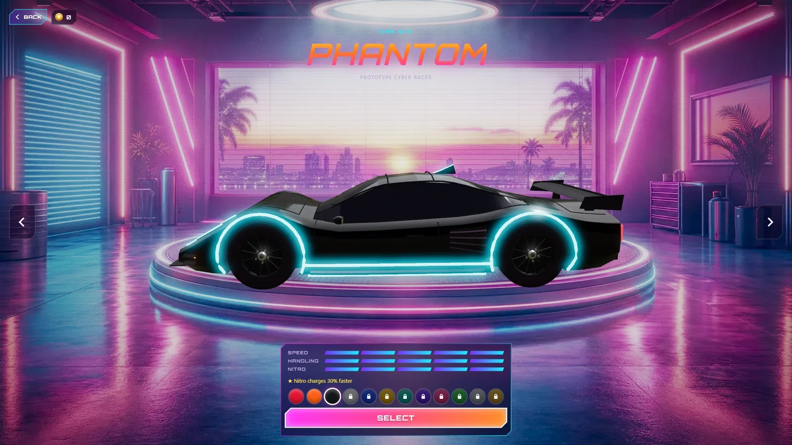 Garage screen showing the Phantom prototype cyber racer on a neon turntable, with speed, handling and nitro stats and a row of paint jobs