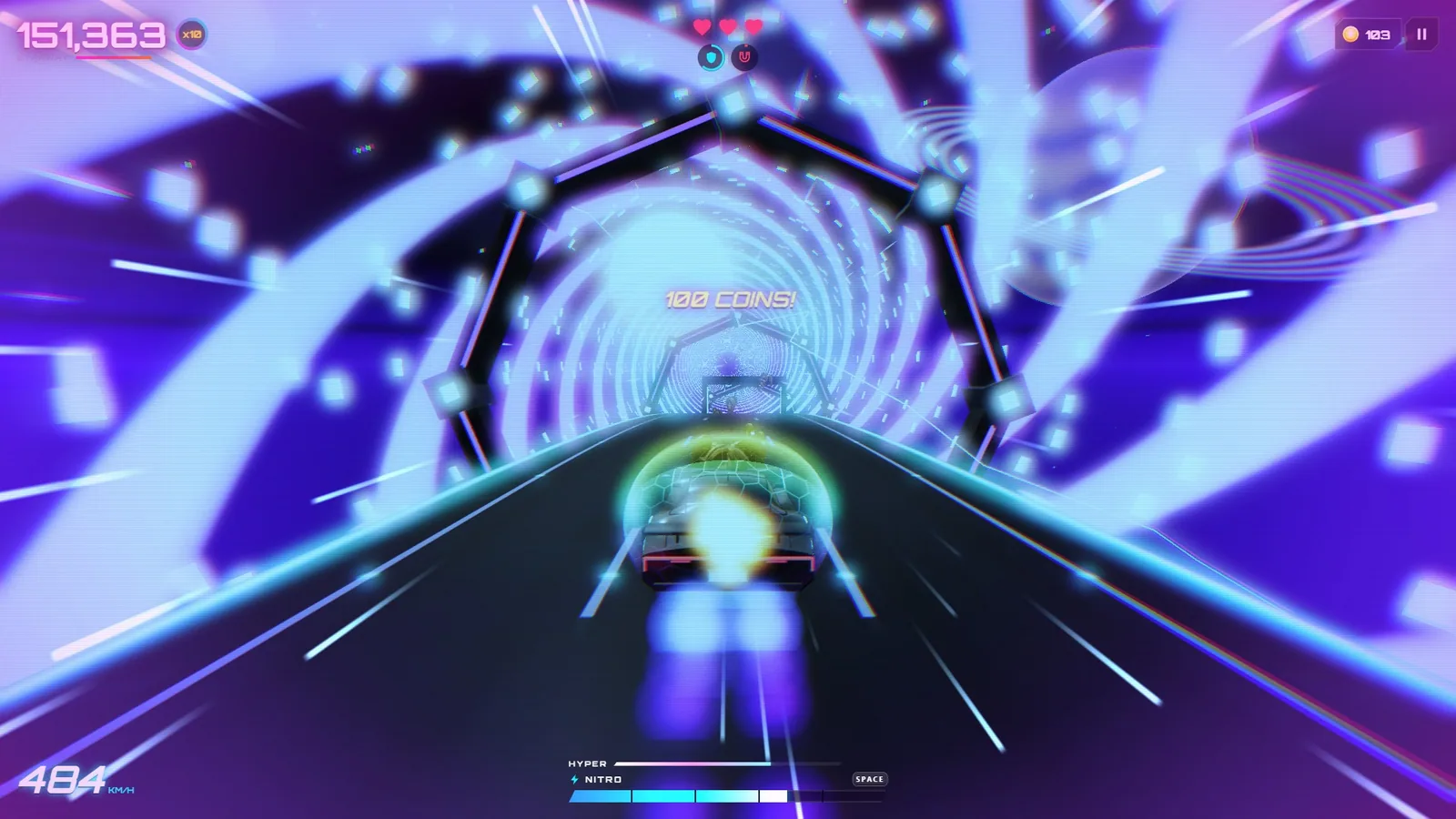 Car racing through the HYPER TURBOWAVE hyperspace vortex at 484 km/h, surrounded by swirling light rings and floating cubes