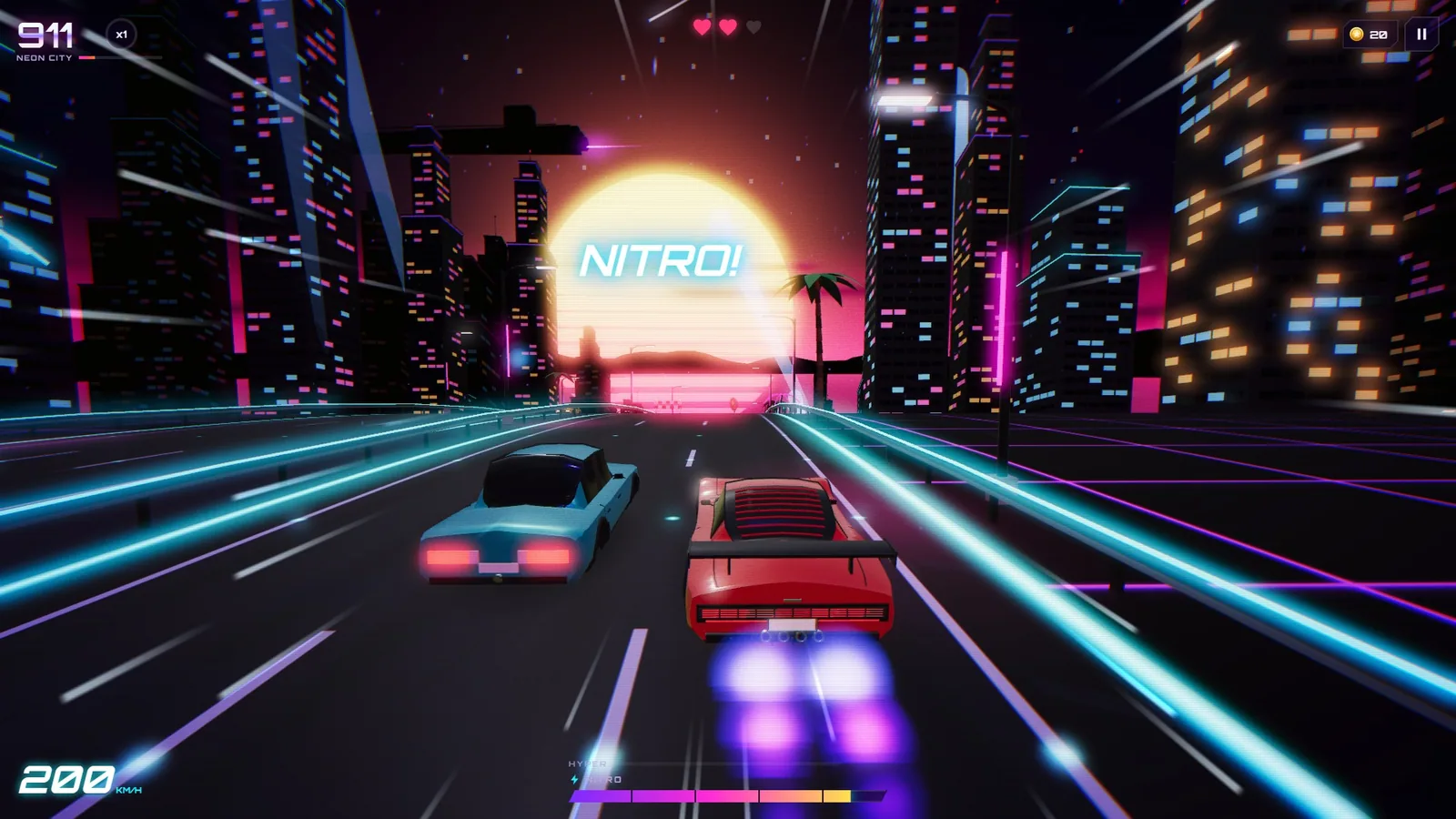 Red wedge supercar firing NITRO past a blue sedan on a Neon City highway lined with lit skyscrapers, with a setting sun ahead