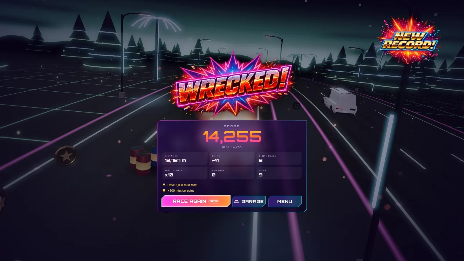 WRECKED! results screen with a new record of 14,255 points, run stats and a completed distance mission worth 300 coins
