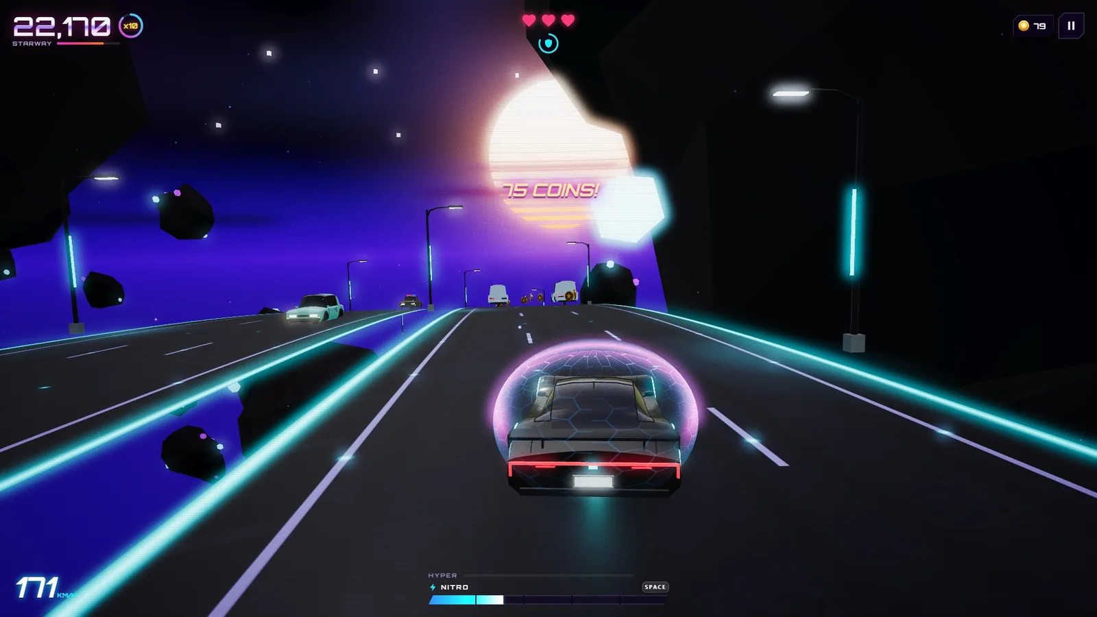 Dark cyber prototype protected by an energy shield on the Starway, with asteroids floating beside the road and a 75 COINS pickup message